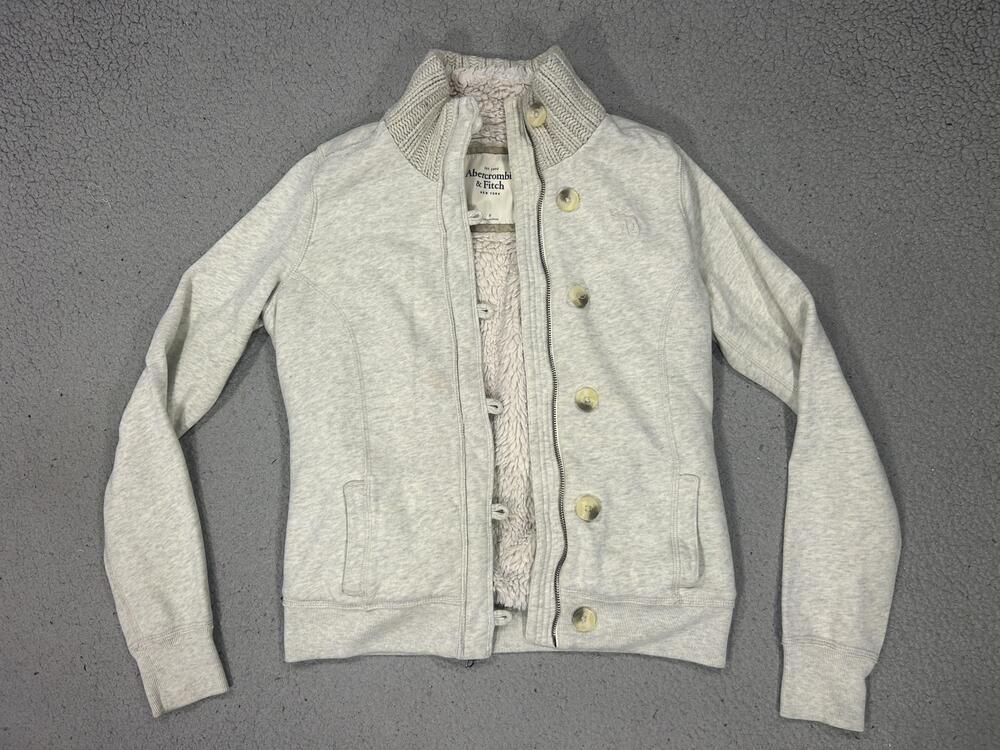 Y2K Abercrombie & Fitch Jacket Womens Medium Gray Sherpa Fleece Stand Collar
